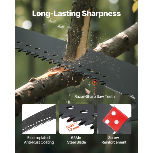 VEVOR 3.87-27 ft Manual Pole Saw, Extendable Pole Tree Pruner, Sharp 65Mn Steel Blade, Lightweight Fiberglass Handle Pole, Double-Hook Saw for High