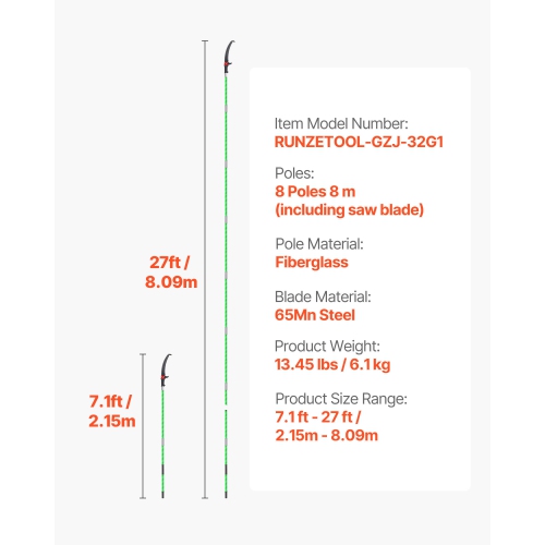 VEVOR 3.87-27 ft Manual Pole Saw, Extendable Pole Tree Pruner, Sharp 65Mn Steel Blade, Lightweight Fiberglass Handle Pole, Double-Hook Saw for High