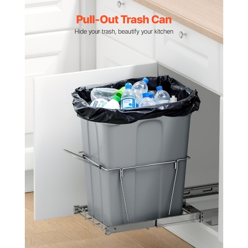 VEVOR 35 QT Pullout Trash Can for Kitchen Cabinets, Garbage Waste Recycling Bin, Under Mount Waste Container, with Heavy Duty Metal Full Extension
