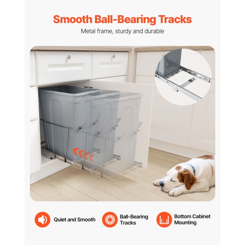 VEVOR 35 QT Pullout Trash Can for Kitchen Cabinets, Garbage Waste Recycling Bin, Under Mount Waste Container, with Heavy Duty Metal Full Extension