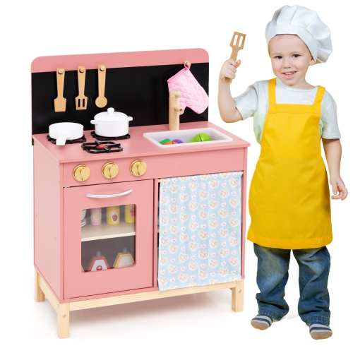 Gymax Play Kitchen for Kids w/ Door Curtain Stoves Sink & Oven Cookware Accessories