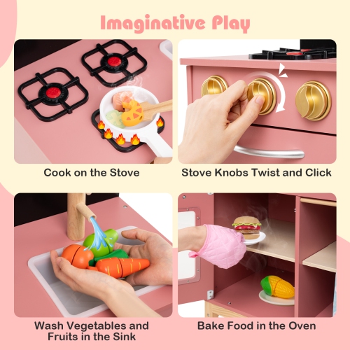Gymax Play Kitchen for Kids w/ Door Curtain Stoves Sink & Oven Cookware Accessories