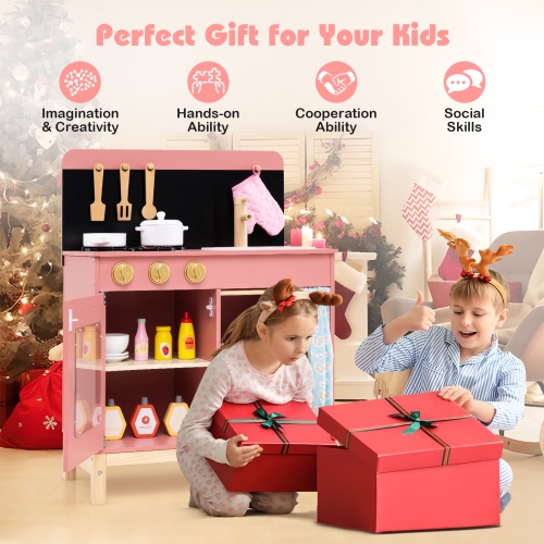 Gymax Play Kitchen for Kids w/ Door Curtain Stoves Sink & Oven Cookware Accessories
