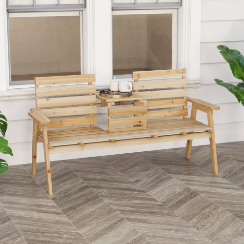 Gymax Outdoor Fir Wood Bench w/ Foldable Middle Table w/ Backrest & Armrests