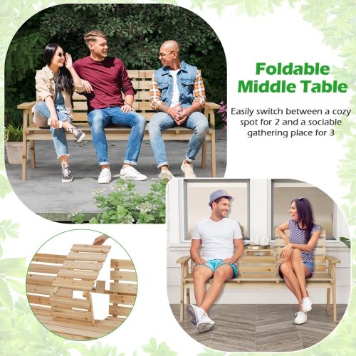 Gymax Outdoor Fir Wood Bench w/ Foldable Middle Table w/ Backrest & Armrests