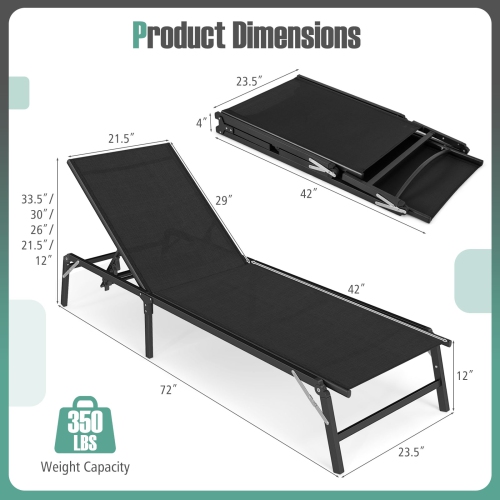 Gymax 2 PCS Reclining Lounge Chairs Folding Patio Recliner Chair w/5-position Backrest