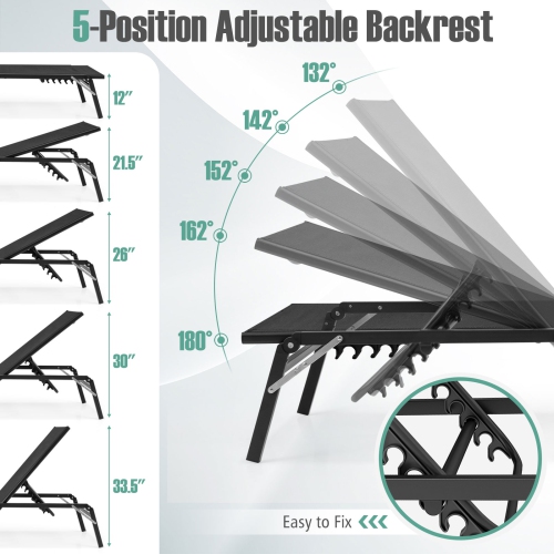 Gymax 2 PCS Reclining Lounge Chairs Folding Patio Recliner Chair w/5-position Backrest