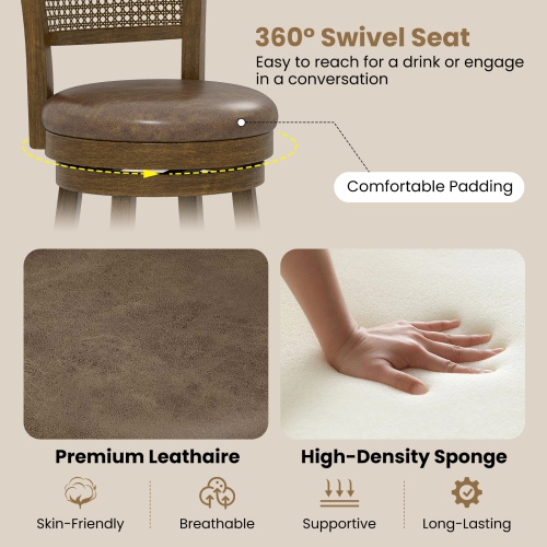 Gymax Set of 2 Bar Stools 30'' Swivel Bar Chairs w/ PE Rattan Backrest Bar Height