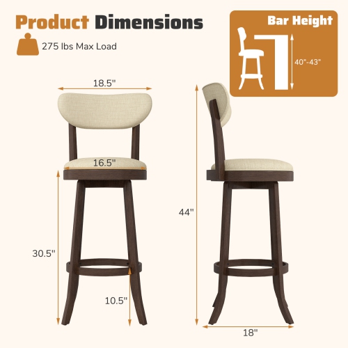 Gymax 30.5'' Bar Height Chairs Set of 2 Swivel High Barstool w/ Padded Seat & Backrest