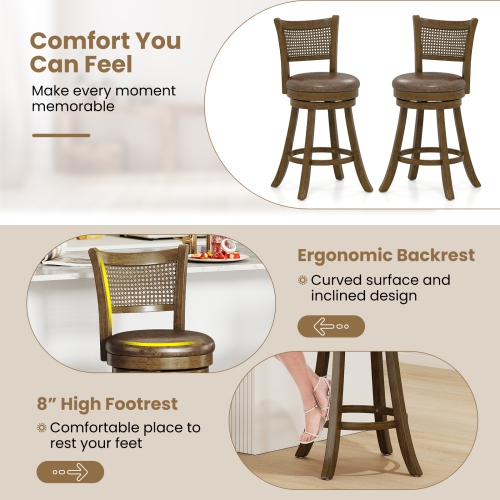 Gymax Set of 4 Bar Stools 25'' Swivel Bar Chairs w/ PE Rattan Backrest Counter Height