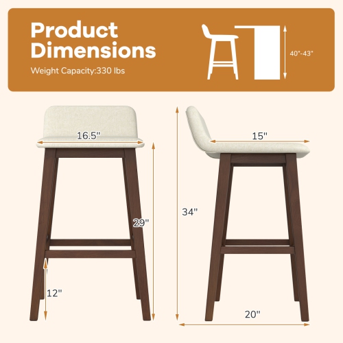 Gymax 2PCS 29'' Upholstered Barstools w/ Low Back Footrest & Wood Legs for Kitchen