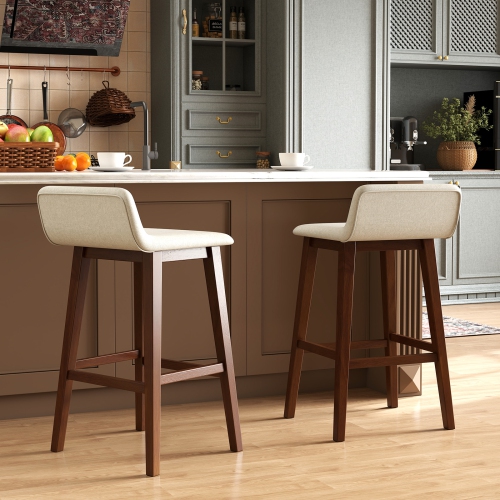 Gymax 2PCS 29'' Upholstered Barstools w/ Low Back Footrest & Wood Legs for Kitchen