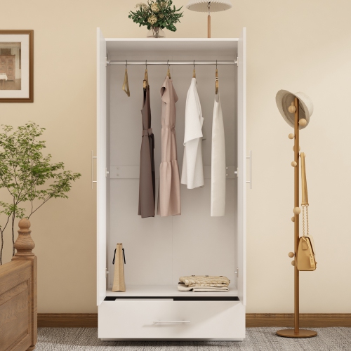 Armoire Famapy&nbsp;: Une garde-robe à deux portes élégante, durable et polyvalente avec rangement puissant, désembueur résistant à l'humidité, blanc