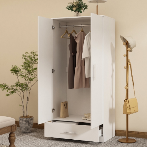 Armoire Famapy&nbsp;: Une garde-robe à deux portes élégante, durable et polyvalente avec rangement puissant, désembueur résistant à l'humidité, blanc