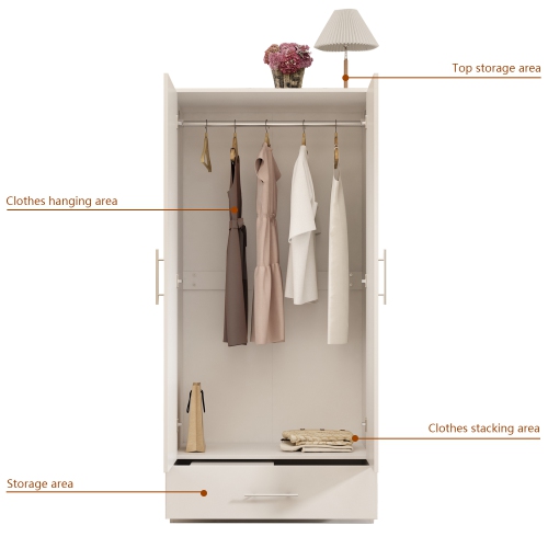 Armoire Famapy&nbsp;: Une garde-robe à deux portes élégante, durable et polyvalente avec rangement puissant, désembueur résistant à l'humidité, blanc