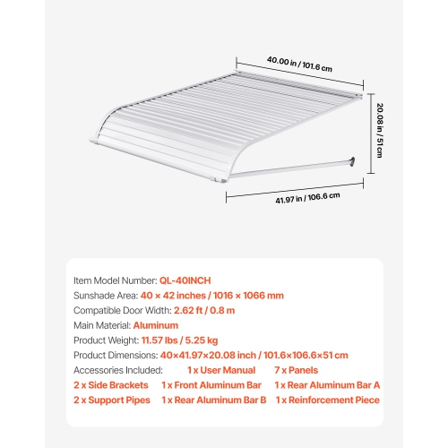 VEVOR 40 x 42 in Aluminum Awning , Durable Window Awning Door Canopy, Lightweight and Stable Aluminum Exterior Awnings Rain Snow Sunlight Protection