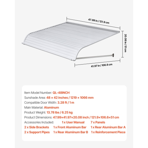 VEVOR 48 x 42 in Aluminum Awning , Durable Window Awning Door Canopy, Lightweight and Stable Aluminum Exterior Awnings Rain Snow Sunlight Protection