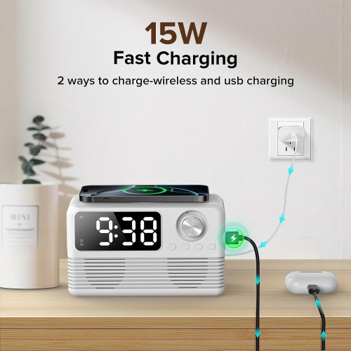 Chargeur sans fil rapide 15 W avec haut-parleur Bluetooth et radio-réveil, station de recharge sans fil 4-en-1 pour iPhone Android avec radio FM