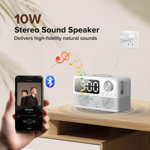 Chargeur sans fil rapide 15 W avec haut-parleur Bluetooth et radio-réveil, station de recharge sans fil 4-en-1 pour iPhone Android avec radio FM