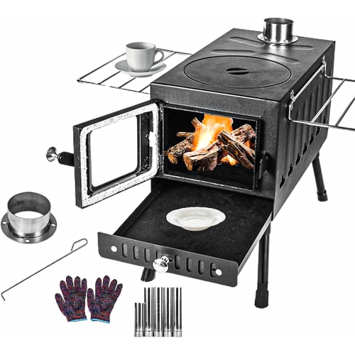 Réchaud de camping portatif à bois avec cheminée – Chaufferette de tente et barbecue pour le camping, la pêche, la cuisson et le chauffage – Réchaud