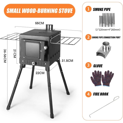 Portable Wood Burning Camp Stove with Chimney – Tent Heater & BBQ Grill for Camping, Fishing, Shelter Cooking & Heating – Compact Firewood Stove,