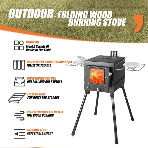 Portable Wood Burning Camp Stove with Chimney – Tent Heater & BBQ Grill for Camping, Fishing, Shelter Cooking & Heating – Compact Firewood Stove,