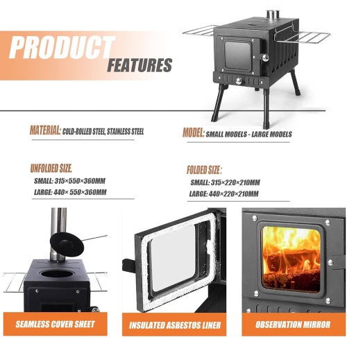 Portable Wood Burning Camp Stove with Chimney – Tent Heater & BBQ Grill for Camping, Fishing, Shelter Cooking & Heating – Compact Firewood Stove,