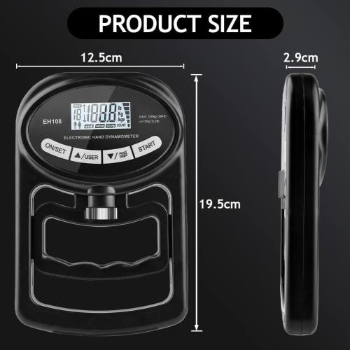 Digital Hand Strength Meter, Hand Dynamometer, Black, Electronic Grip Strength Gauge, Grip Strength Trainer, Power Meter with USB Charging Cable Black