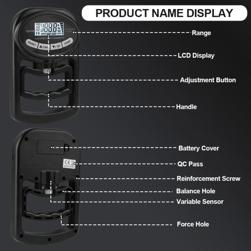 Digital Hand Strength Meter, Hand Dynamometer, Black, Electronic Grip Strength Gauge, Grip Strength Trainer, Power Meter with USB Charging Cable