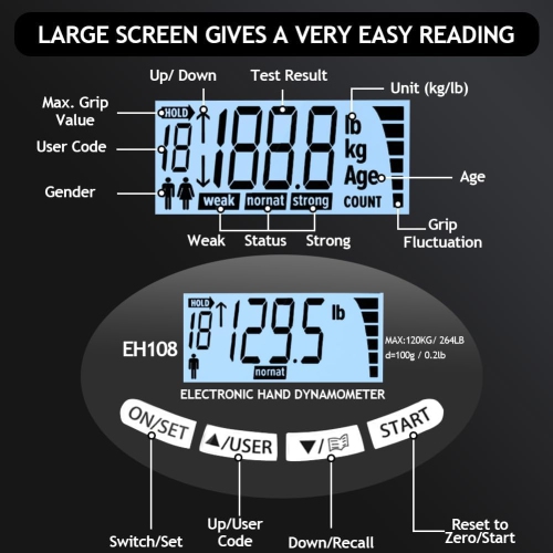 Digital Hand Strength Meter, Hand Dynamometer, Black, Electronic Grip Strength Gauge, Grip Strength Trainer, Power Meter with USB Charging Cable