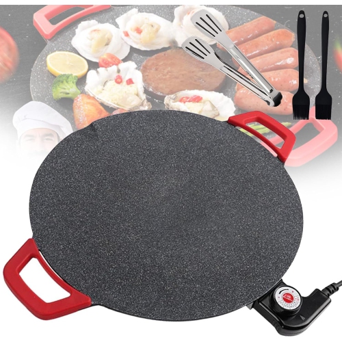 Non-Stick Electric Grill Pan, 36cm 14.2" Extra-Large Griddle with Adjustable Temperature, Easy to Clean, Korean BBQ Style with Oil Brush & Clip for