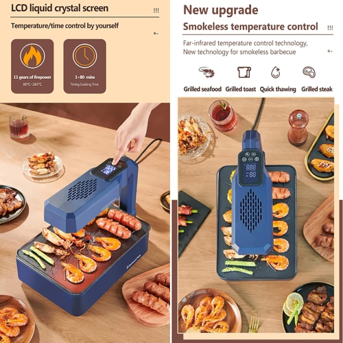 Electric Barbecue Grill, 1100W High Power BBQ Grill with Fat Oil Drip Tray & Extraction Fan, Temperature Control 80-280°C and 1-80 Minutes