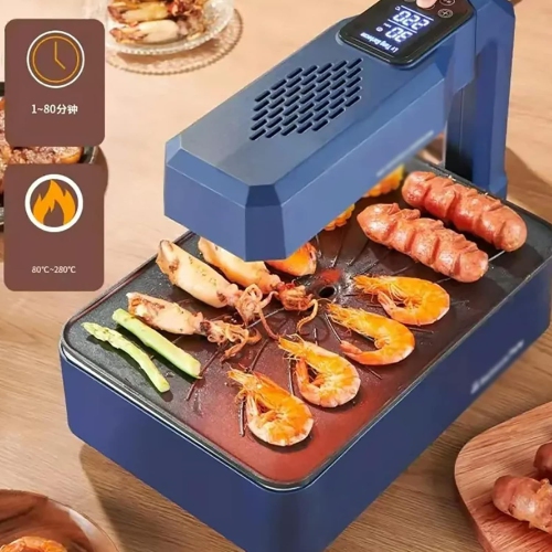 Electric Barbecue Grill, 1100W High Power BBQ Grill with Fat Oil Drip Tray & Extraction Fan, Temperature Control 80-280°C and 1-80 Minutes