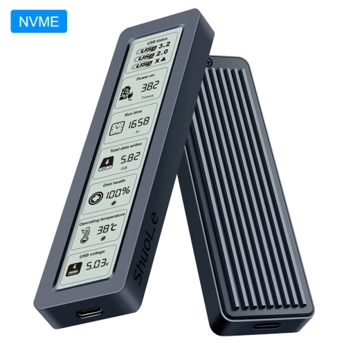 M.2 NVMe/SATA SSD Enclosure 5Gbps USB3.2 Gen2 – 500MB/s Transfer Speed, Smart Display, AI Dual-Chip, Supports 8TB, Metal Thermal Design, UASP TRIM,