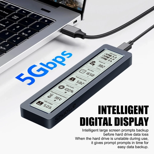 M.2 NVMe/SATA SSD Enclosure 5Gbps USB3.2 Gen2 – 500MB/s Transfer Speed, Smart Display, AI Dual-Chip, Supports 8TB, Metal Thermal Design, UASP TRIM,