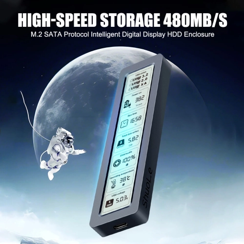 M.2 NVMe/SATA SSD Enclosure 5Gbps USB3.2 Gen2 – 500MB/s Transfer Speed, Smart Display, AI Dual-Chip, Supports 8TB, Metal Thermal Design, UASP TRIM,