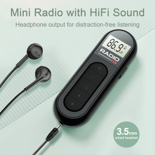 Radio Mini Pocket FM FM Radio Portable Mini Pocket Pocket FM Radio Radio Receiver Headphone Display LCD, Black