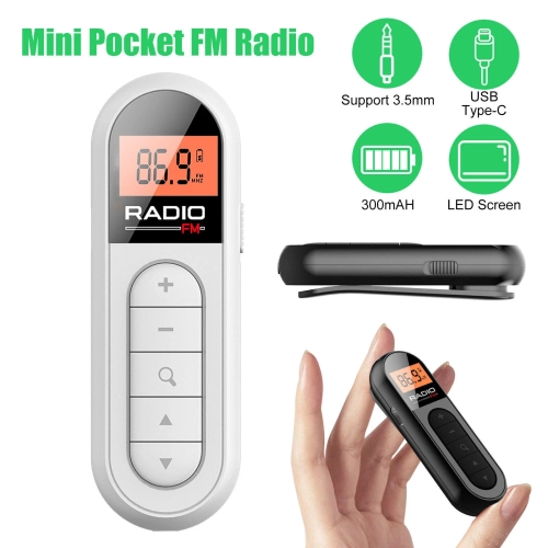 Radio Mini Pocket FM FM Radio Portable Mini Pocket Pocket FM Radio Radio Receiver Headphone Display LCD, White