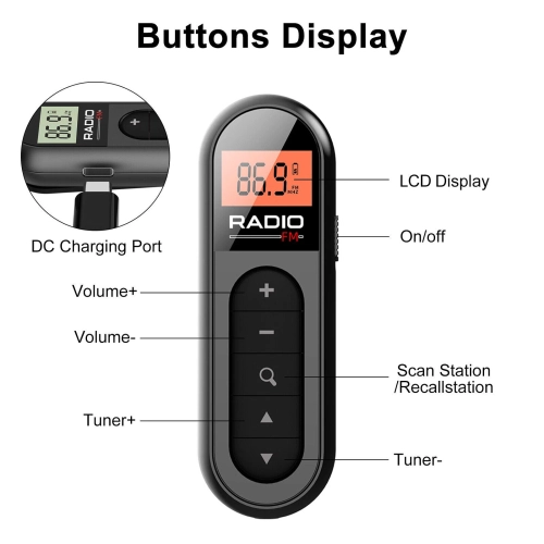 Radio Mini Pocket FM FM Radio Portable Mini Pocket Pocket FM Radio Radio Receiver Headphone Display LCD, White
