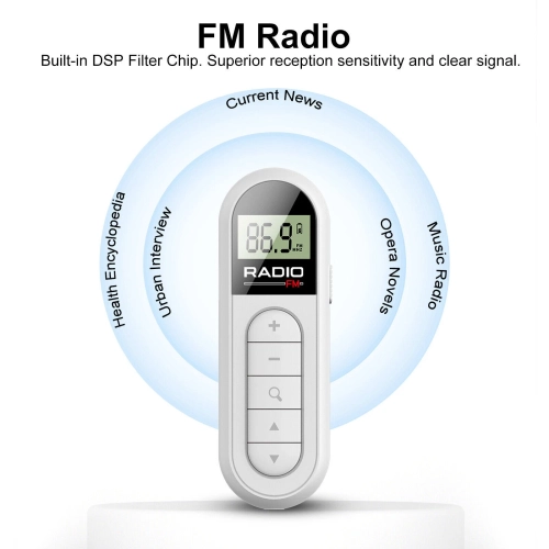 Radio Mini Pocket FM FM Radio Portable Mini Pocket Pocket FM Radio Radio Receiver Headphone Display LCD, White