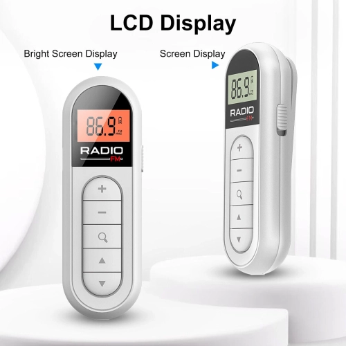 Radio Mini Pocket FM FM Radio Portable Mini Pocket Pocket FM Radio Radio Receiver Headphone Display LCD, White