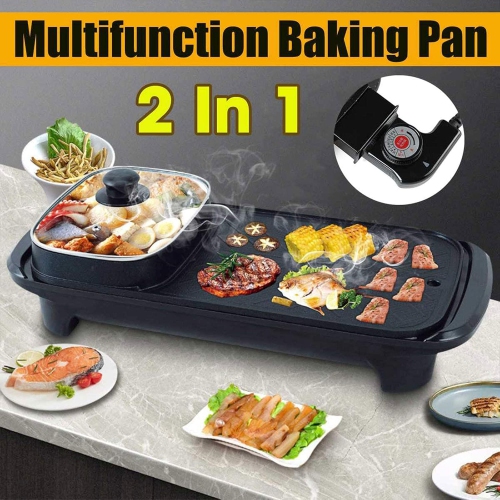 Smoke Free Electric Grill, 2-in-1 Electric Grill Grill Smokeless Indoor Machine for 6 People for Cheese, Thermostat Control, Non-Stick Material, Easy