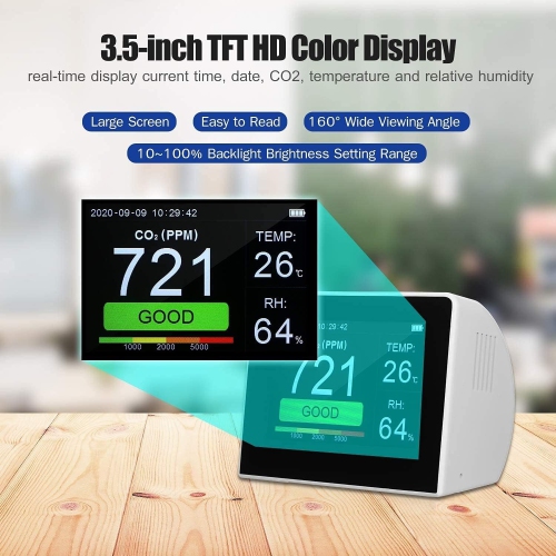 Détecteur de CO₂ | Écran couleur de 3,5 pouces | Surveillance en temps réel des CO₂, de la température et de l'humidité | Chargement USB | Stockage