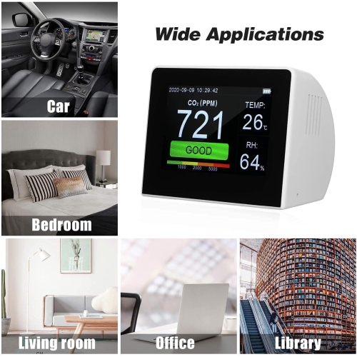 Détecteur de CO₂ | Écran couleur de 3,5 pouces | Surveillance en temps réel des CO₂, de la température et de l'humidité | Chargement USB | Stockage