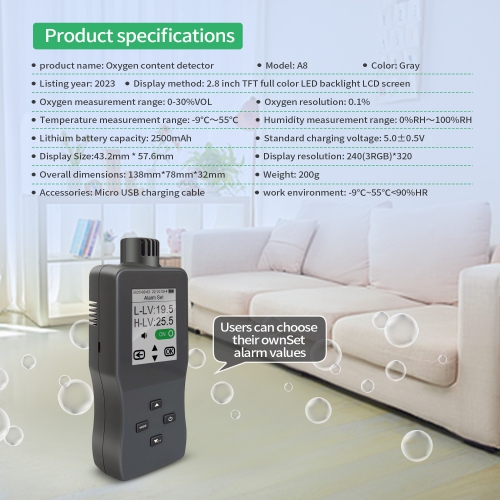 Oxygen monitor | 2.8-inch color screen | Real-time O2/temperature and humidity monitoring | Data storage | 2500mAh battery | Lightweight and portable