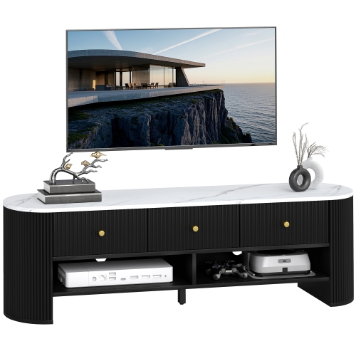 HOMCOM TV Stand with Storage, Modern TV Table with Marble-Effect Top, 3 Drawers and 2 Open Shelves for 32-65 Inch Television, Entertainment Center