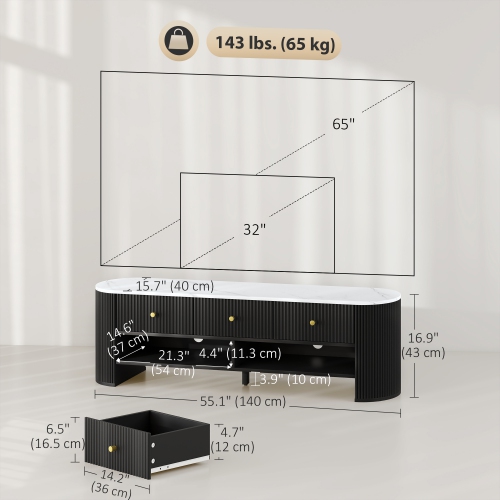 HOMCOM TV Stand with Storage, Modern TV Table with Marble-Effect Top, 3 Drawers and 2 Open Shelves for 32-65 Inch Television, Entertainment Center