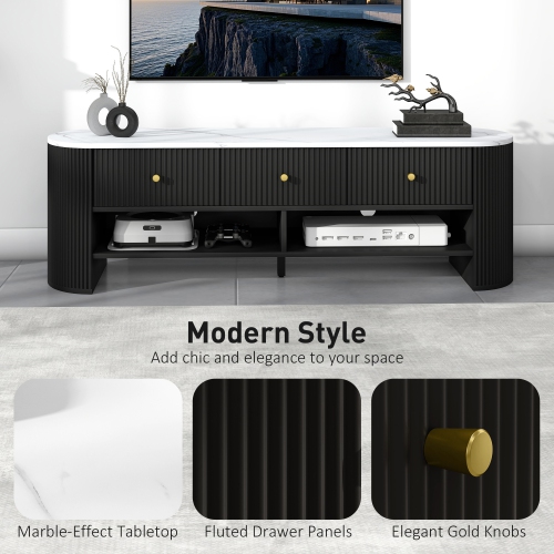 HOMCOM TV Stand with Storage, Modern TV Table with Marble-Effect Top, 3 Drawers and 2 Open Shelves for 32-65 Inch Television, Entertainment Center