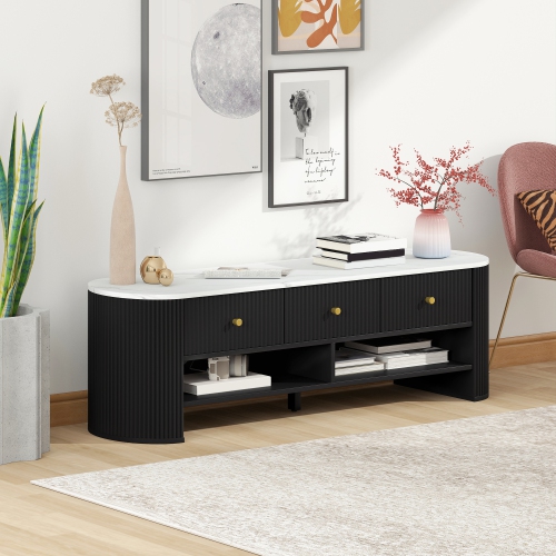 HOMCOM TV Stand with Storage, Modern TV Table with Marble-Effect Top, 3 Drawers and 2 Open Shelves for 32-65 Inch Television, Entertainment Center