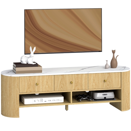 HOMCOM TV Stand with Storage, Modern TV Table with Marble-Effect Top, 3 Drawers and 2 Open Shelves for 32-65 Inch Television, Entertainment Center